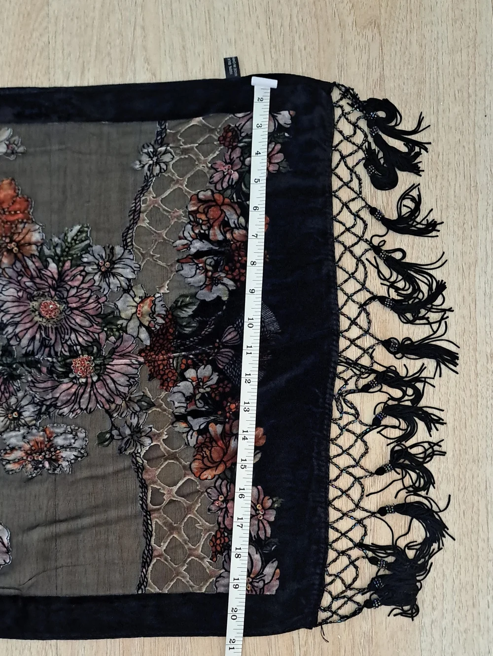 Vintage Black Sheer Floral Scarf with Fringe 100% Silk